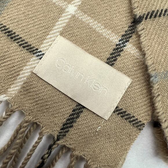 Calvin Klein Acrylic Tan Plaid Fringe Scarf - Picture 4 of 7